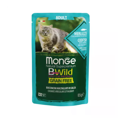 Pate cho mèo trưởng thành Monge Bwild Grain Free vị Cá thu, Tôm và Rau củ
