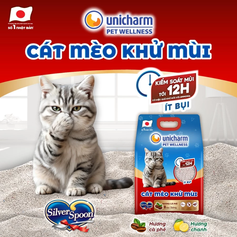 Cát mèo khử mùi Silver Spoon Unicharm 8L - Hương Chanh