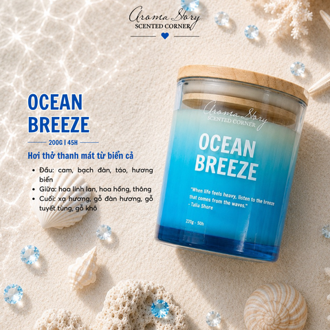 Nến Thủy Tinh 220g Ocean Breeze - Gói Kèm Đế Gỗ, Thiệp, Túi Giấy Trắng Nhỏ