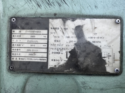 Xe nâng dầu 2 tấn SUMITOMO 11-FD20PVIIXA Đời 2005 (Số Tự Động - Dịch Giá)