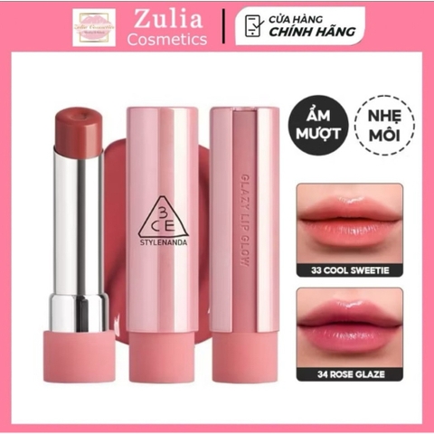 Son Bóng Dưỡng Môi 3CE Glazy Lip Glow Dạng Thỏi Có Màu, Hàn Quốc