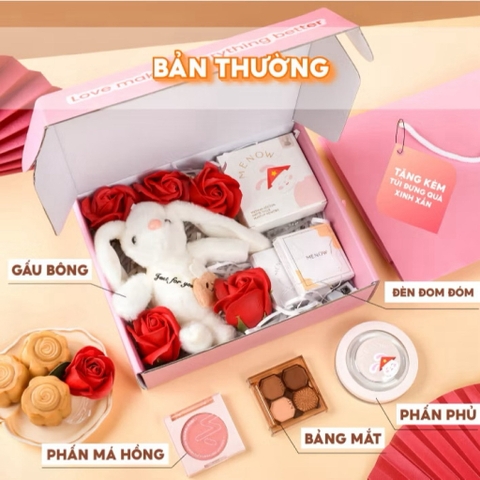 Hộp Quà Tặng Trang Điểm 20/10 dành cho bạn gái kèm túi quà, gấu bông, hoa sáp và đèn Menow Bunny Box Zuliacosmetics