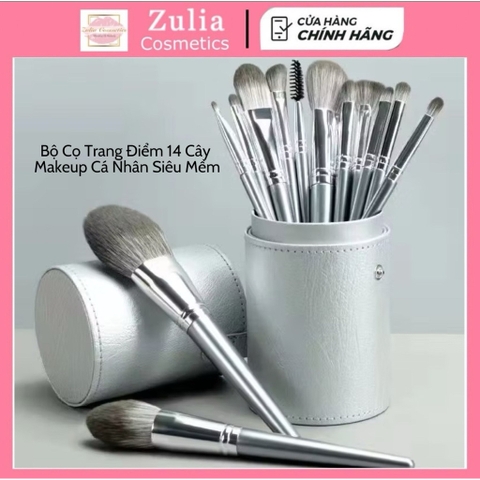Bộ Cọ Trang Điểm 14 Cây Chuyên Makeup Cá Nhân Kèm Bao Da, Cốc Lông Siêu Mềm