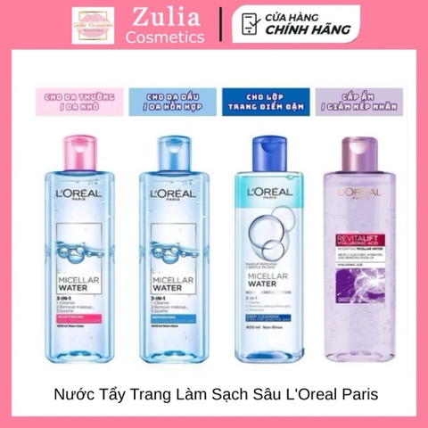 Nước Tẩy Trang Làm Sạch Sâu, Cấp Ẩm Cho Da Loreal L'Oreal Paris 3 in 1 Micellar Water Pháp 400ml