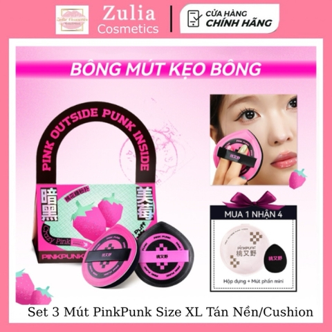 [PINKPUNK] Set 3 Mút PinkPunk Size XL Tán Nền/Cushion, Che Khuyết Điểm Kèm Hộp Đựng, Có Tách Lẻ