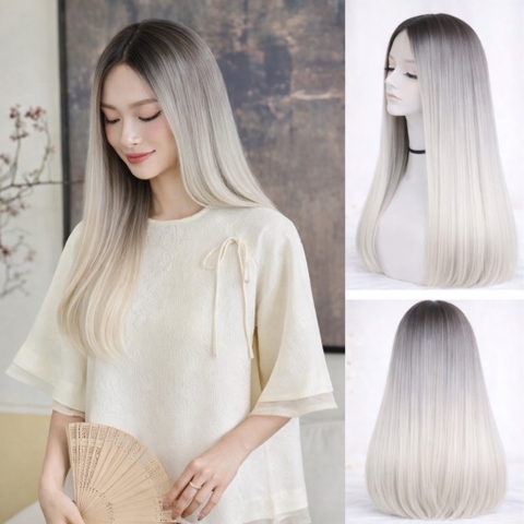 Tóc Giả Nguyên Đầu Ombre Trắng Chân Đen Có Da Đầu Tự Nhiên Tóc Bộ Lưới Hoa Cao Cấp Không Mái Như Tóc Thật