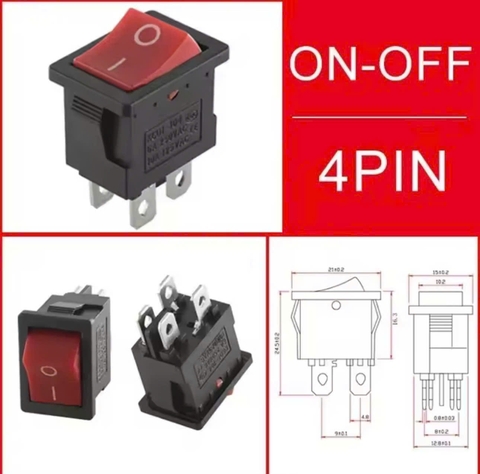 Công tắc bập bênh KCD4 4P 1TT 25x30mm, Công tắc màu đỏ