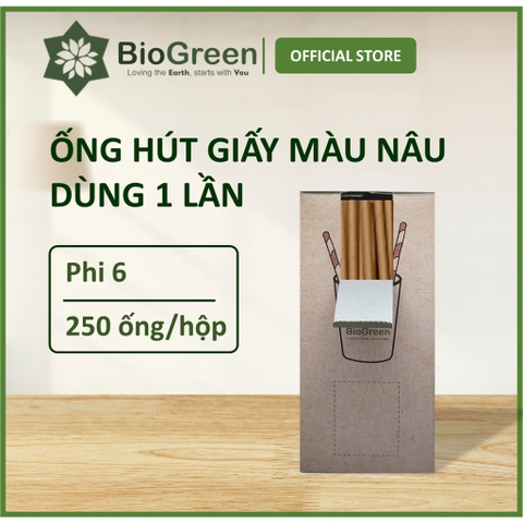 250 ống hút giấy màu nâu kraft uống cafe phi 6 Biogreen 3 lớp