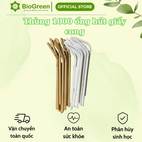 1000 ống hút giấy cong Biogreen màu trắng, kraft dùng uống cafe, sinh tố
