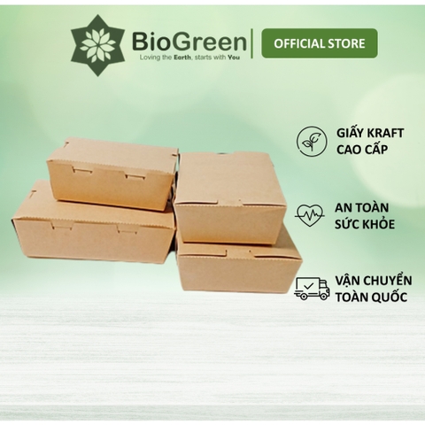 50 Hộp giấy kraft đựng thức ăn, gói quần áo nắp vuông gài kín 750ml, 1000ml, 1500ml