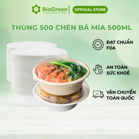 Thùng 500 chén/ tô bã mía 500ml phân hủy tự nhiên, chất liệu bã mía tự nhiên