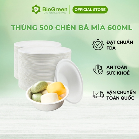 Thùng 600 chén/ tô bã mía 600ml đáy to, đáy nhỏ phân hủy tự nhiên, chất liệu bã mía tự nhiên