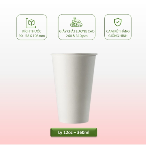 Thùng 100 Ly/cốc giấy  cao cấp 360ml-12oz, 500ml-16oz màu trắng ly trà sữa trân châu, sinh tố