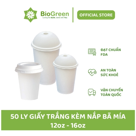 50 ly cốc giấy trắng nắp bã mía 12oz-360ml,16oz - 500ml dùng 1 lần