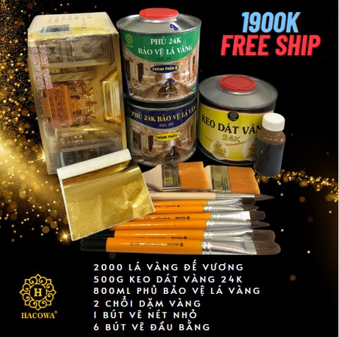 Combo 2000 lá vàng B giòn Đế Vương kèm keo phủ 24k phụ kiện bút chổi dành cho gỗ, nhựa, kim loại