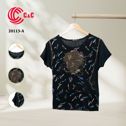20113 - Sparkling Mesh Fabric with Colorful Rose Pattern and Stone Embellishments