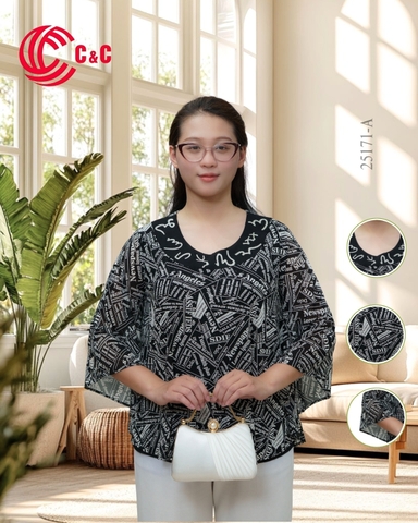 25171 - Typography Pattern Dolman Sleeves Perfect For Hiding Imperfections