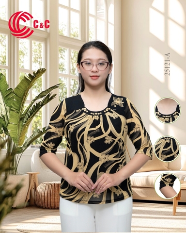 25121 - Half Sleeve Tops with Bold Floral Embroidery and Abstract Pattern