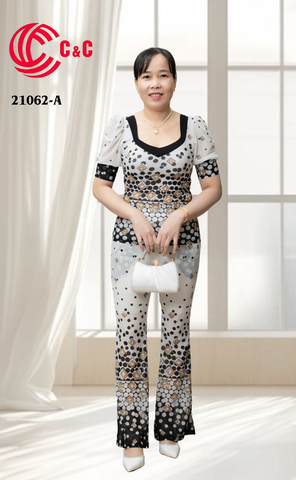 21062 - Bodycon Loungewear Puff Sleeves Flared Pants with Pattern