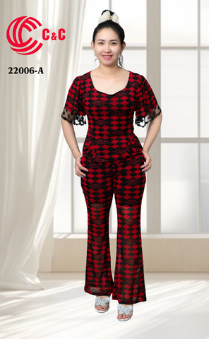 22006 - Bodycon Loungewear Square Neckline Flared Pants with Pattern