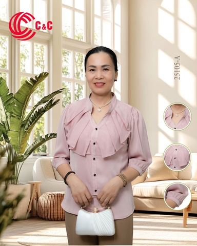 25105 - Elegant Graceful Stand-up Collar Ruffle Front Half Sleeve Shirt
