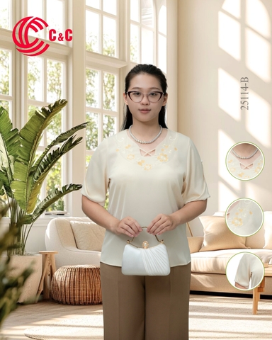 25114 - Embroidered Floral V-Neck Stylized Lace-up Short Sleeve Tops