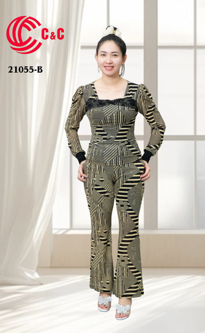 21055 - Bodycon Form Long Sleeves Flared Pants with Pattern