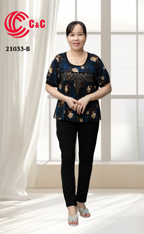 21033 - Printed Loungewear Combined with Embedded Glass Stone in Stylized Embroidery Pattern