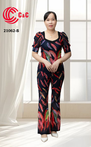 21062 - Bodycon Loungewear Puff Sleeves Flared Pants with Pattern