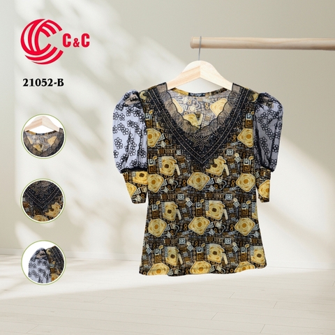 21052 - Lace Overlay Collar Decorative Stones in Pattern Combined with Sheer Lace Half Sleeves