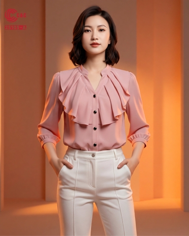 25105 - Elegant Graceful Stand-up Collar Ruffle Front Half Sleeve Shirt