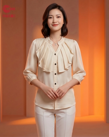 25105 - Elegant Graceful Stand-up Collar Ruffle Front Half Sleeve Shirt