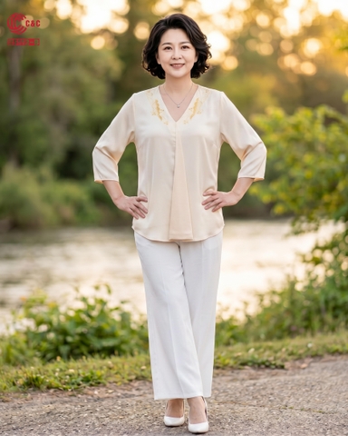 25112 - V-NECK HALF SLEEVE TOPS BLENDING EMBROIDERED PATTERN