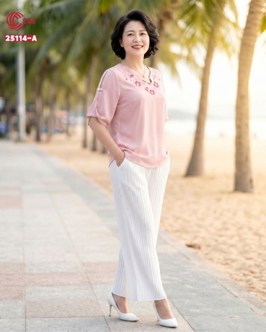 25114 - Embroidered Floral V-Neck Stylized Lace-up Short Sleeve Tops