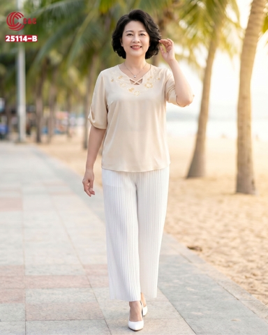 25114 - Embroidered Floral V-Neck Stylized Lace-up Short Sleeve Tops