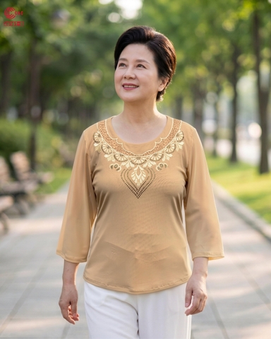 26161 - Embroidered Round Neck Top with Lace and Decorative Stones