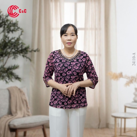 24110 - V-Neck Pattern Top with Stone Accents