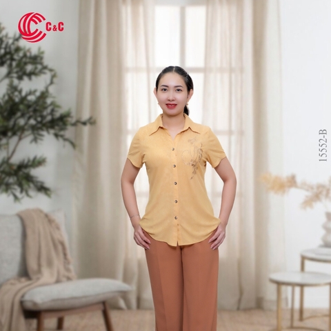 15552 - Short Sleeves Shirt Embroidered Stretch Fabric with Glass Bead Decoration