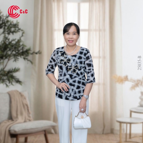 25035 - Pattern Round Neck Embroidered Stones Infused Design with Lace