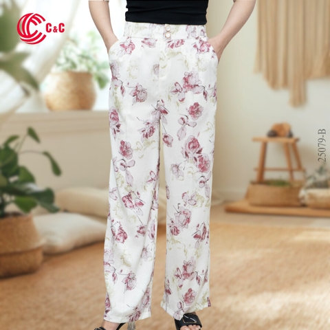 25079 - Pleated Pants with 4 Floral Patterns in 4 Colors for Concealing Waist Flaws