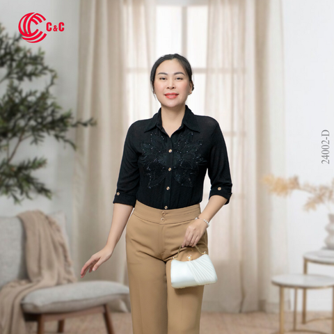24002 - Korean Knit with Sunflower Embroidery and Stone Bead Accents