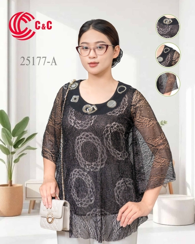 25177 - Batwing Sleeves Blouse with Artistic Geometric Embroidery and Swarovski Crystals
