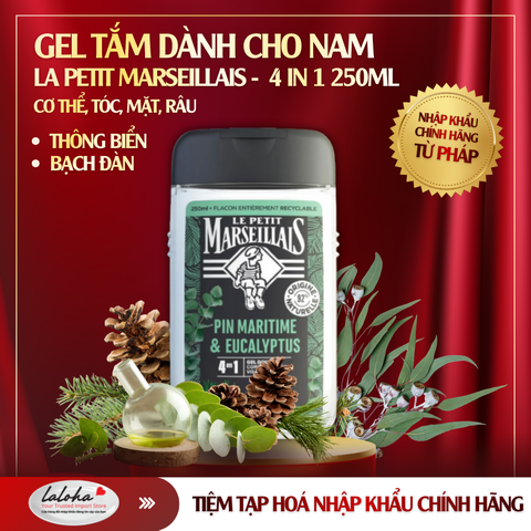 GEL TẮM CHO NAM | LE PETIT MARSEILLAIS - PHÁP | THÔNG BIỂN, BẠCH ĐÀN | CƠ THỂ, TÓC, MẶT, RÂU | 250ML