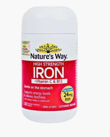 VIÊN UỐNG BỔ SUNG SẮT, VITAMIN C & B12 | NATURE’S WAY – ÚC | HIGH STRENGTH IRON| LỌ 30 VIÊN