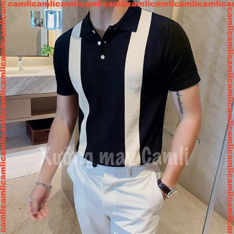 Áo thun POLO kẻ sọc dệt kim mùa hè nam, tay ngắn, mỏng nhẹ, thoáng mát phong cách Hàn Quốc