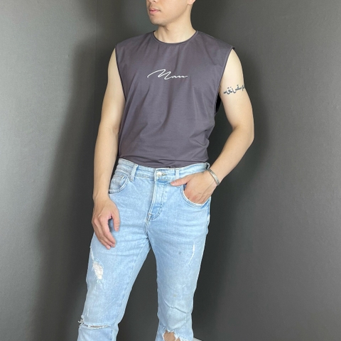 Áo thun TANKTOP nam DATAMAN, ngực thêu chữ Man, cổ tròn, form oversize, chất cotton co giãn 4 chiều- TANKTOPDT22-01