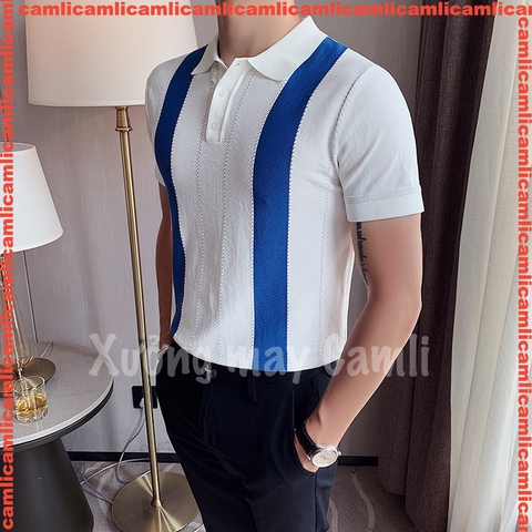 Áo thun POLO kẻ sọc dệt kim mùa hè nam, tay ngắn, mỏng nhẹ, thoáng mát phong cách Hàn Quốc
