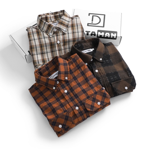 Áo sơ mi nam dài tay caro trắng nâu DATAMAN, 2 túi ngực - SMDT22-05