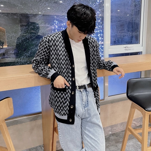 Áo CARDIGAN có túi dáng rộng nam, hãng DATAMAN kẻ sóng vintage, chất len Acrylic giả cashmere mềm mại - DT22-22