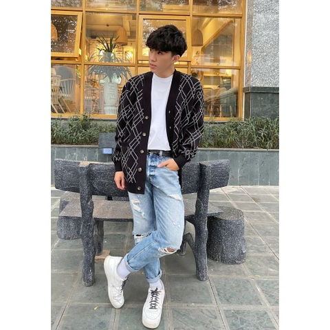 Áo CARDIGAN có túi dáng rộng nam, hãng DATAMAN kẻ sóng vintage, chất len Acrylic giả cashmere mềm mại - DT22-22